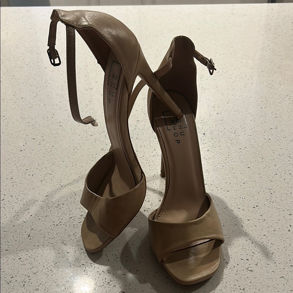 ShuShop Tan High Heel Sandals with Ankle Strap